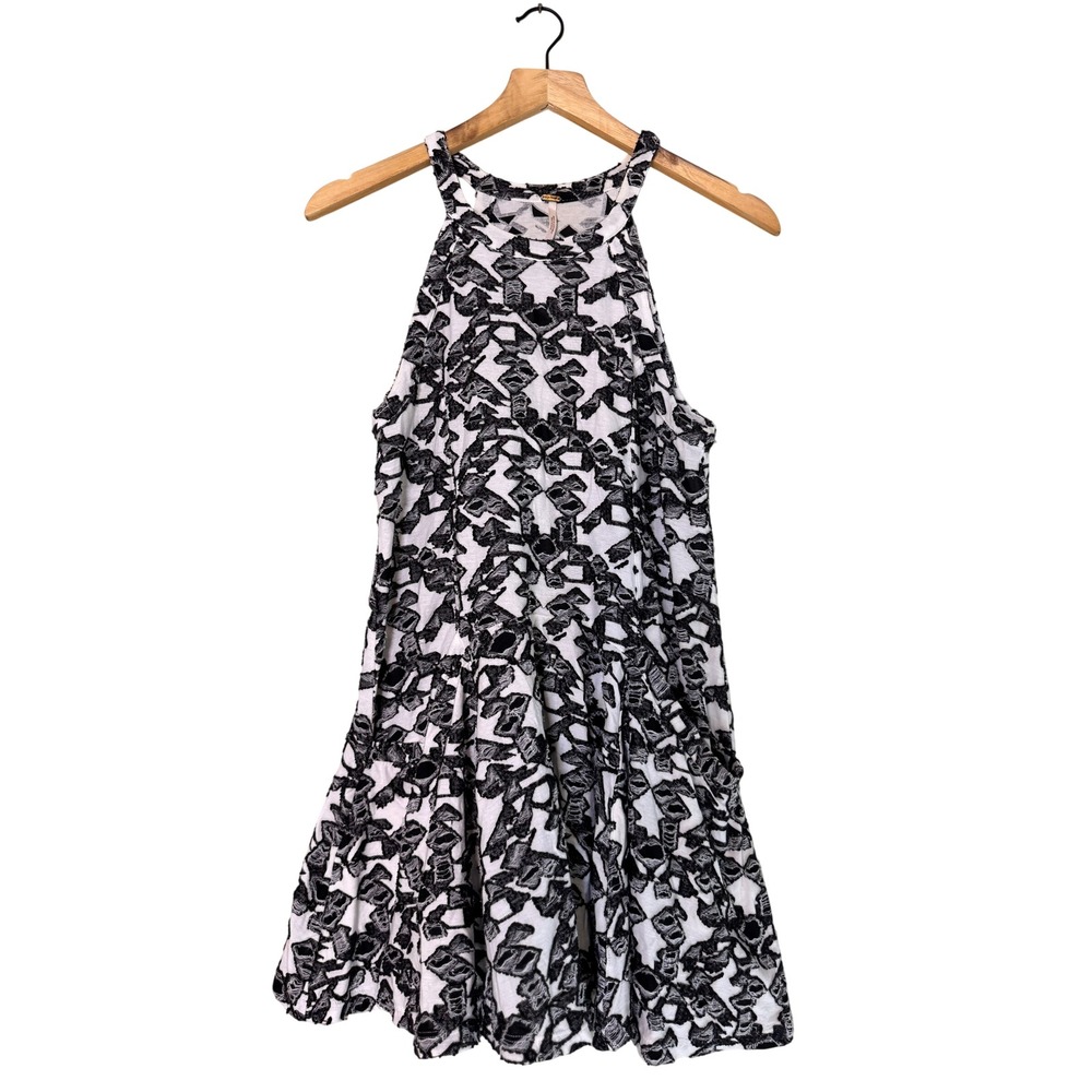Free People Black White Geometric Burnout Halter Mini Dress with Pockets‎ Small